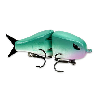 Gradient green and purple BFS glide fishing lure with black hooks on a white background.