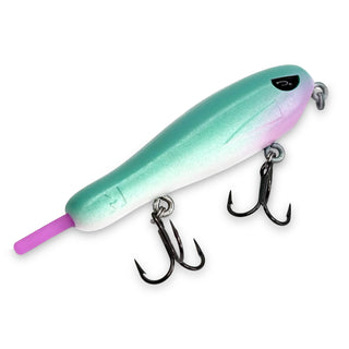 Gradient green and purple bfs topwater fishing lure with treble hooks on a white background.