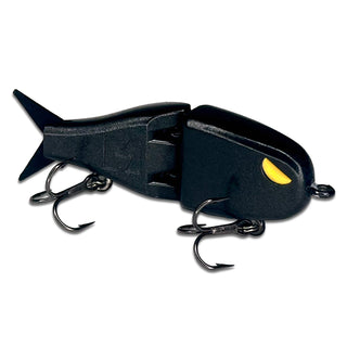 Black BFS fishing lure with a yellow eye on a white background