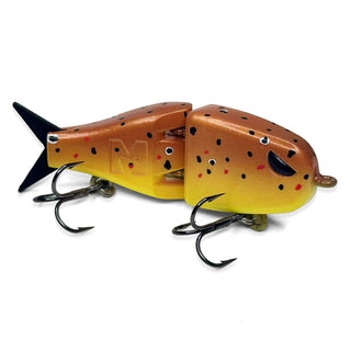 BFS fishing lure with brown and yellow body on a white background