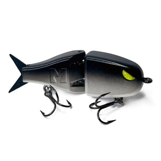 A two-piece BFS fishing lure with a black and white fish design, featuring a bright yellow-green eye and two treble hooks, shown on a white background.
