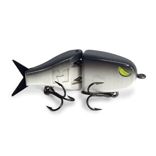 Grey and white BFS topwater glide lure with a fluorescent yellow eye, black silicone tail, and black treble hooks on a clean white background.