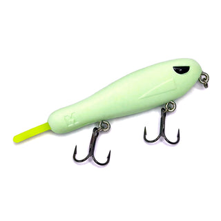 Maxed Fishing Glow Rift BFS topwater lure in a translucent UV-reactive pale green colorway with a chartreuse tail, black eyes, and black treble hooks on a white background.