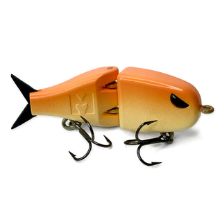 A two-piece jointed BFS fishing lure shaped like a small fish, featuring a orange and yellow gradient body with black tail and eye details, and two black treble hooks.