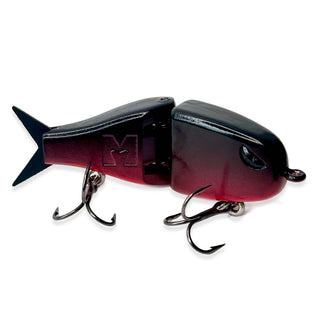 A handmade BFS fishing lure shaped like a small fish, featuring a glossy black and deep red gradient body, two treble hooks, and a white background.