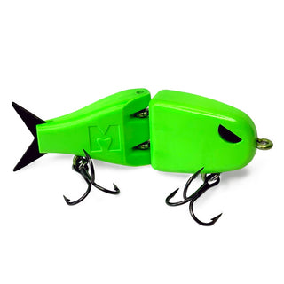 A bright neon green fishing lure with black treble hooks and a black tail, shown on a clean white background.