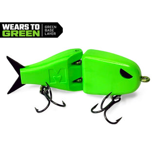 A bright neon green jointed fishing lure with black treble hooks and a black eye detail, shown on a white background with a black and green text badge in the top left that reads 'WEARS TO GREEN. GREEN BASE LAYER'.