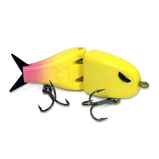 A yellow and pink gradient BFS fishing lure with black treble hooks, shown on a plain white background.