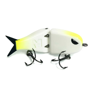 White BFS topwater glide lure with fluorescent yellow accents, black silicone tail, and black treble hooks on a clean white background.