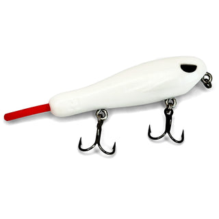 Handmade white BFS topwater fishing lure with red tail and treble hooks