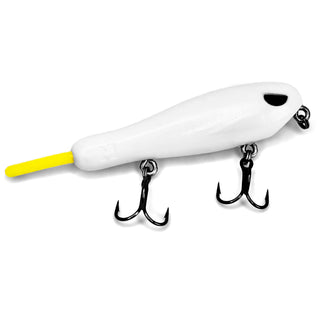 Handmade white BFS topwater fishing lure with yellow tail and treble hooks